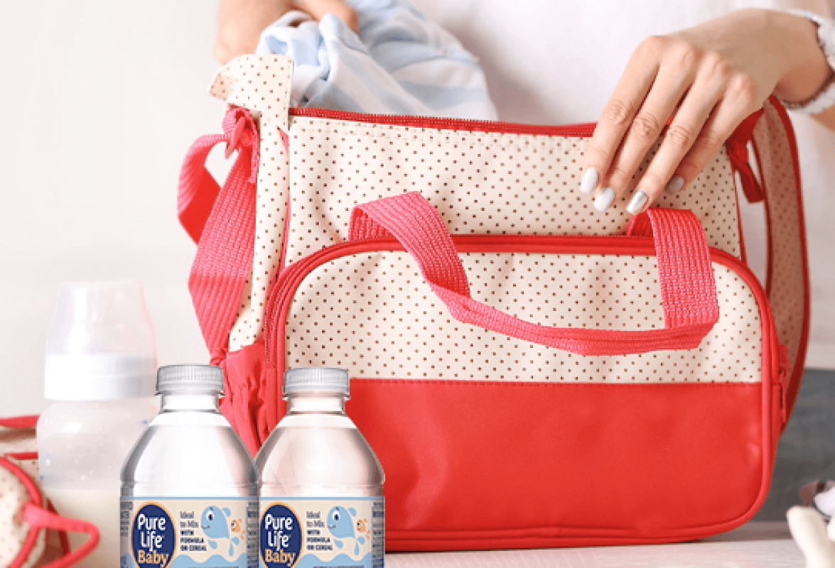 Pure Life Baby water bottles in a diaper bag
